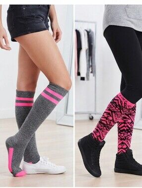 VS Pink 2 Pair Knee High Socks Bundle - Gray/Pink & Black/Pink Tribal Print